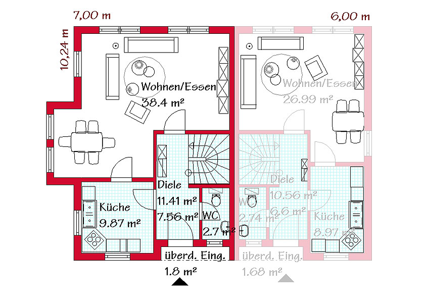 Das Erdgeschoss des Doppelhauses mit 59,9 m² / 46,2 m²