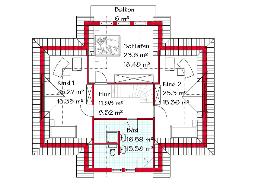 Das Dachgeschoss des Mehrgiebelhauses mit 75,4 m²