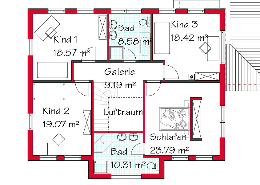 Das Obergeschoss der Stadtvilla mit 107,9 m²