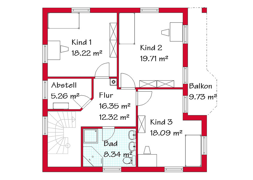 Das Obergeschoss des Einfamilienhauses mit 87,0 m²