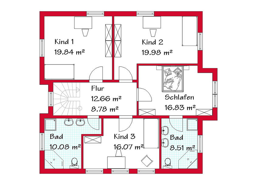 Das Obergeschoss des Einfamilienhauses mit 100,6 m²
