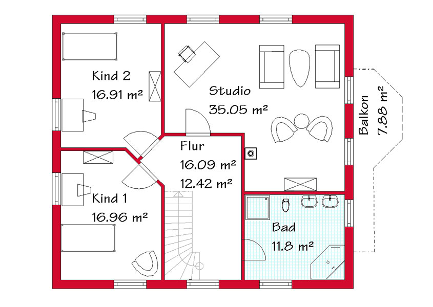 Das Obergeschoss des Einfamilienhauses mit 97,1 m²
