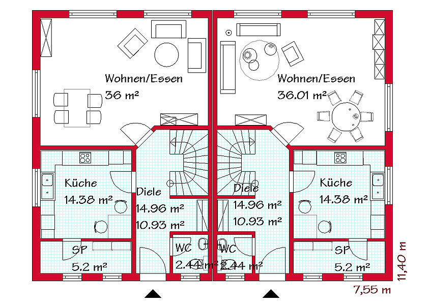 Das Erdgeschoss des Doppelhauses mit 68,9 m²