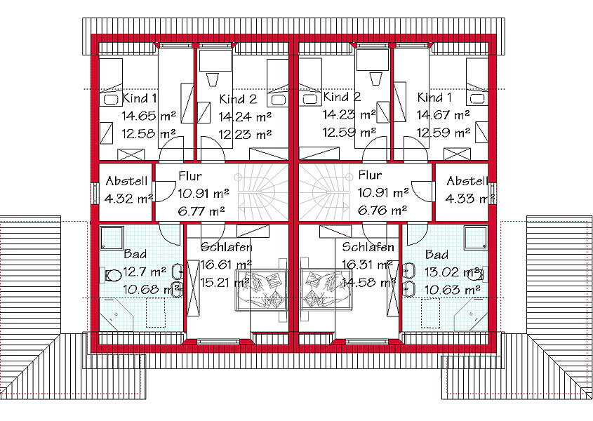 Das Dachgeschoss des Doppelhauses mit 61,8 m²