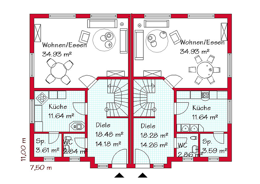Das Erdgeschoss des Doppelhauses mit 67,3 m² bzw. 58,9 m²