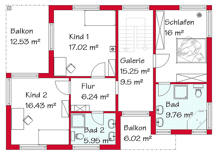Das Obergeschoss des Pultdachhauses mit 91,7 m²