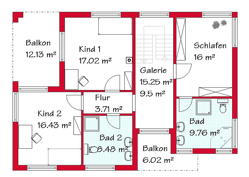 Das Obergeschoss des Bauhausstilhauses mit 91,2 m²