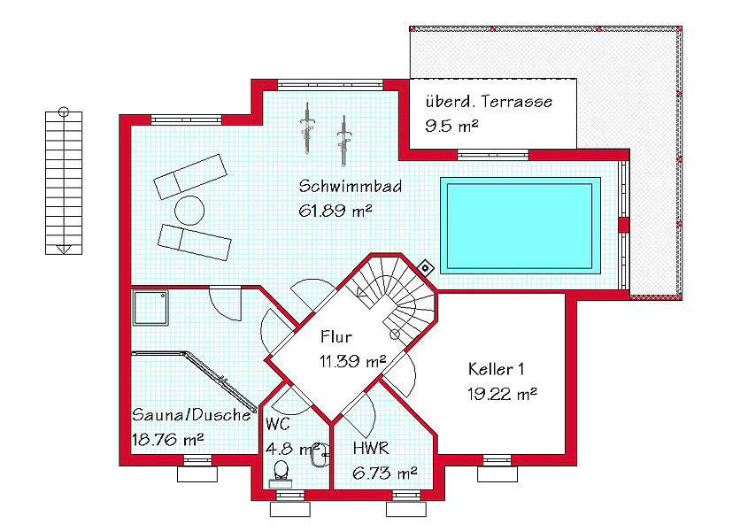 Das Kellergeschoss des Luxushauses mit 90,2 m²
