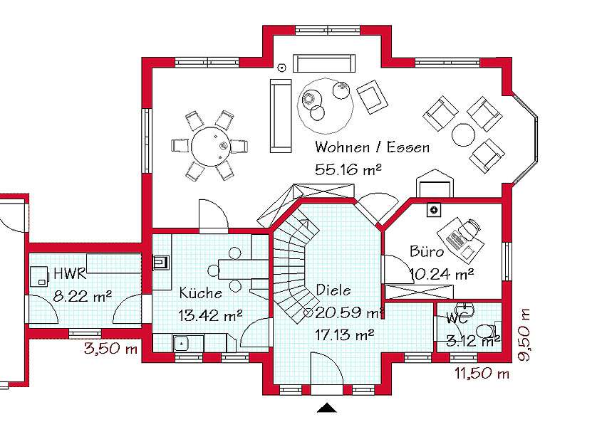 Das Erdgeschoss des Mehrgiebelhauses mit 108,1 m²