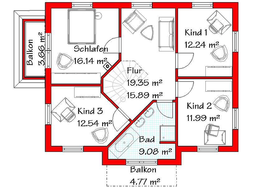 Das Obergeschoss der Stadtvilla mit 81,7 m²