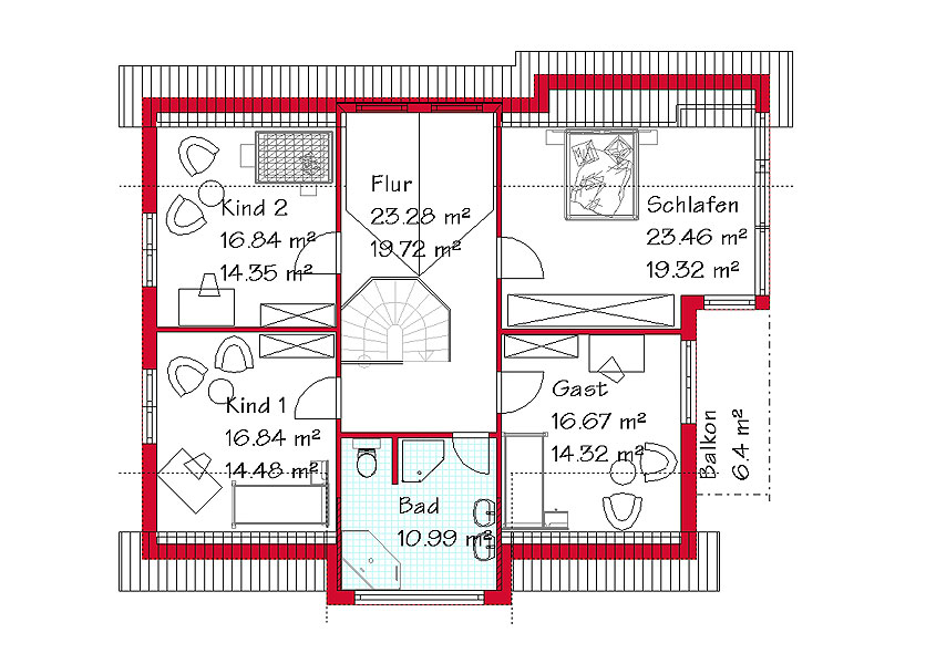 Das Dachgeschoss des Mehrgiebelhauses mit 96,4 m²