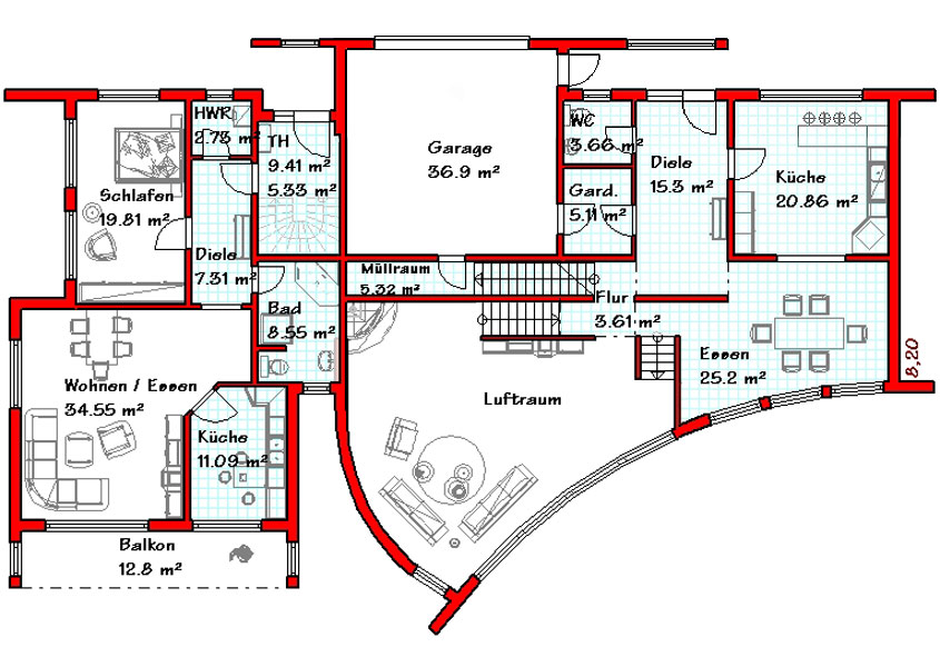 Das Erdgeschoss des Luxushauses mit 174,8 m²