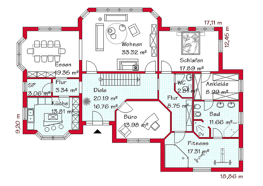 Plan Erdgeschoss der Stadtvilla mit 171,2 m²
