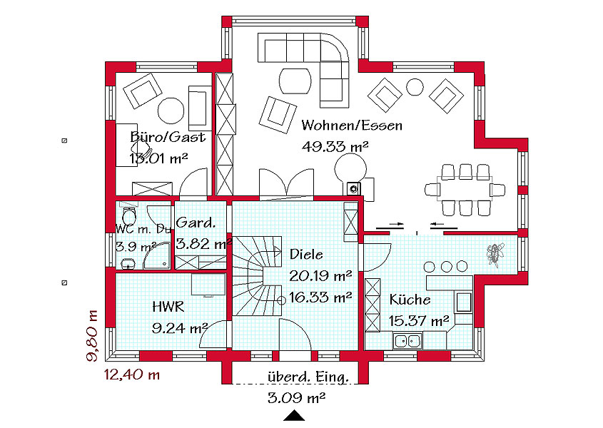 Das Erdgeschoss des Mehrgiebelhauses mit 111,9 m²