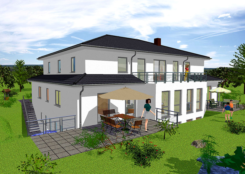 Mehrfamilienhaus – Rückansicht mit zwei geräumigen Terrassen