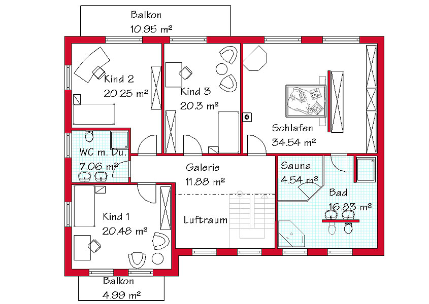 Das Obergeschoss des Landhauses mit 144,2 m²