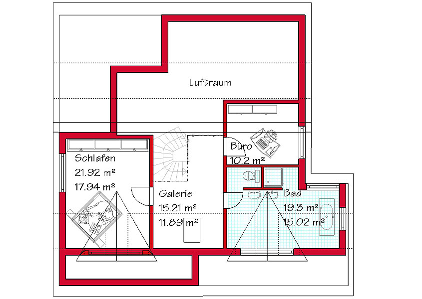 Das Dachgeschoss des Pultdachhauses mit 55,1 m²