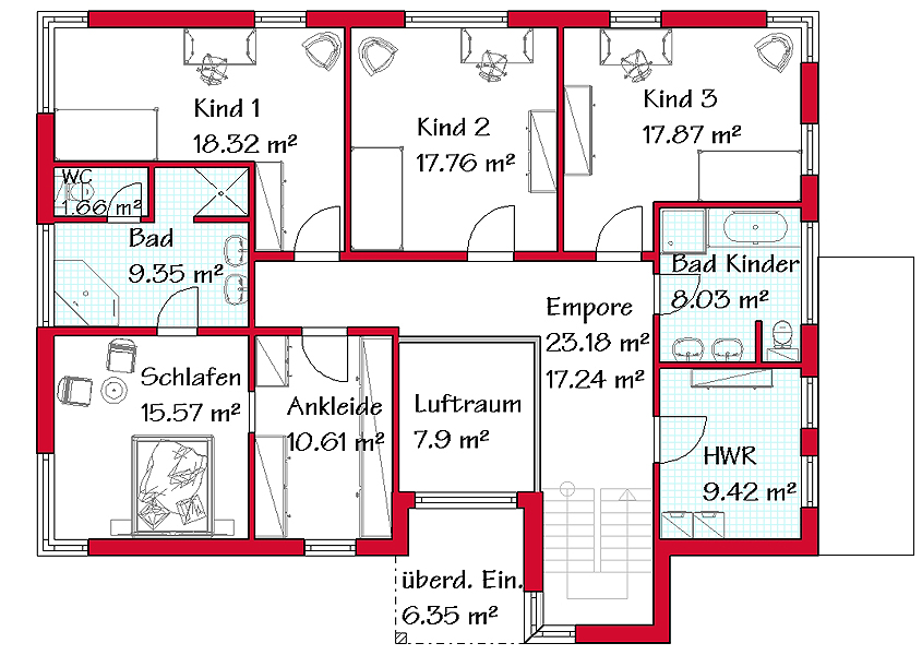 Das Obergeschoss des Bauhausstilhauses mit 125,6 m²