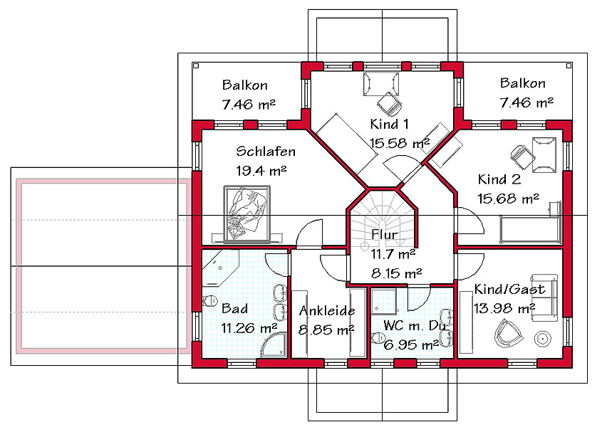 Das Obergeschoss des Luxushauses mit 107,1 m²