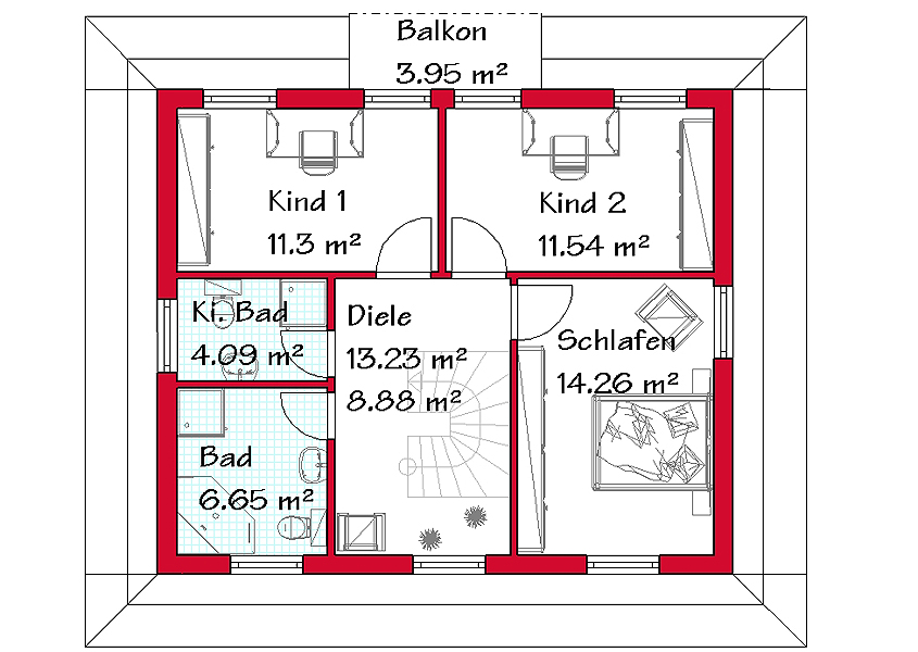 Das Obergeschoss der Stadtvilla mit 58,7 m²