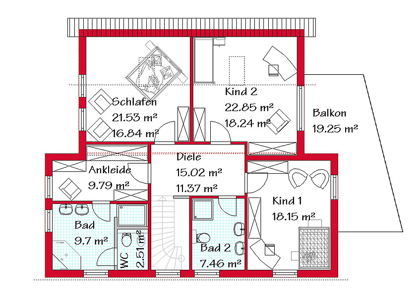 Pultdachhaus P 217 Obergeschoss mit 103,7 m²