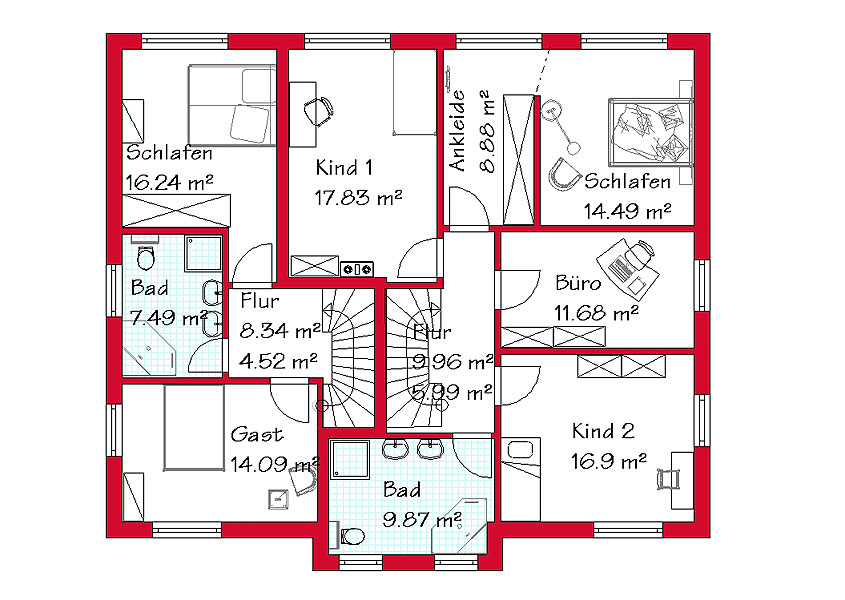 Das Obergeschoss des Doppelhauses mit 42,4 m² /85,6 m²