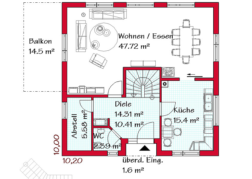 Das Erdgeschoss des Pultdachhauses mit 82,1 m²