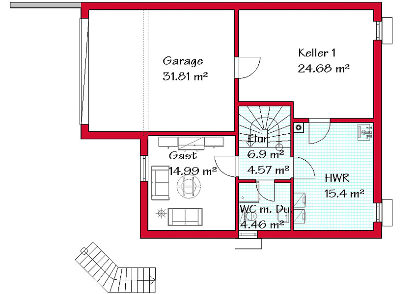 Das Kellergeschoss des Pultdachhauses mit 39,4 m²