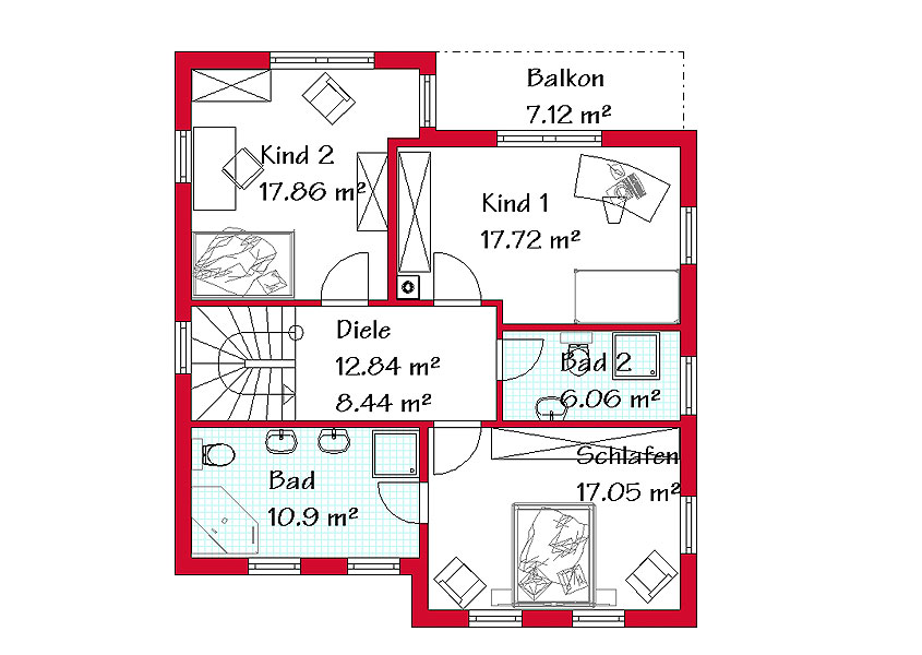 Das Obergeschoss des Pultdachhauses mit 81,2 m²