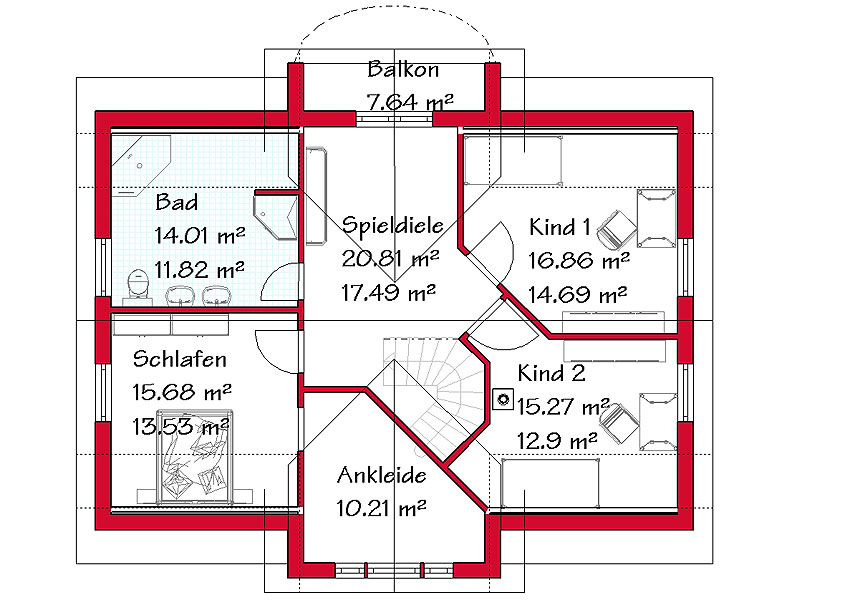 Das Dachgeschoss des Mehrgiebelhauses mit 85,6 m²