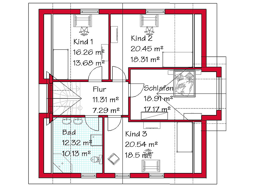 Das Dachgeschoss des Mehrgiebelhauses mit 85,1 m²