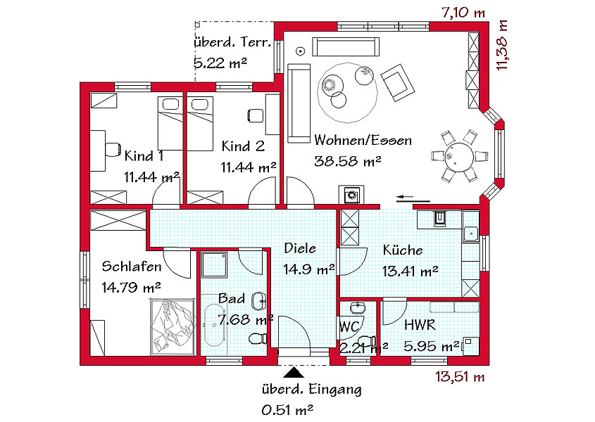 Bungalow Raumaufteilung mit ausreichend Wohnraum